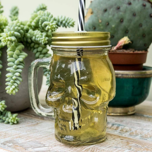 Glass Skull Jar with Metal Lid & Straw