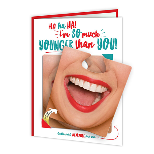Younger Than You Birthday Card With Wearable Face Mat - Monkey Monkey Cyprus