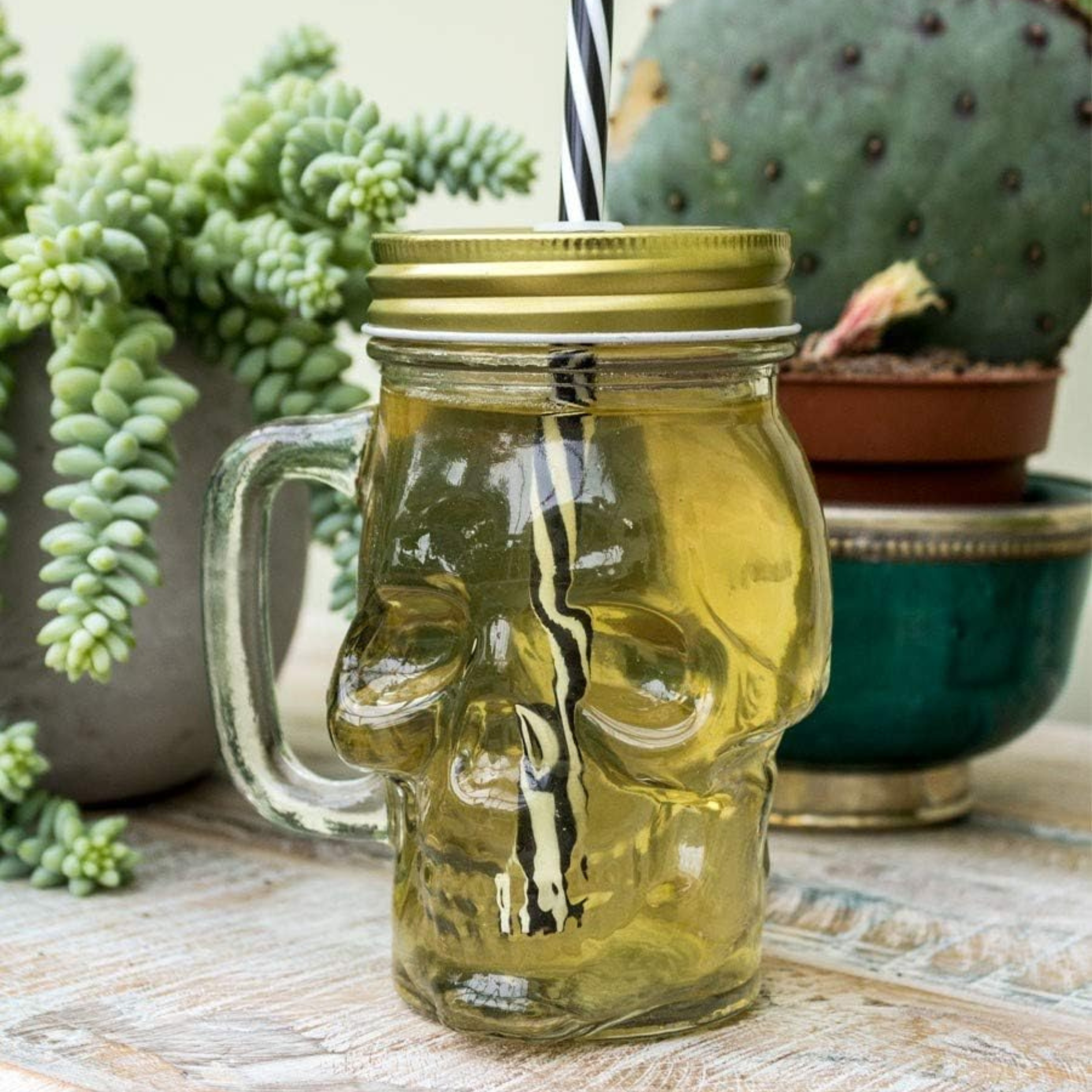 Glass Skull Jar with Metal Lid & Straw