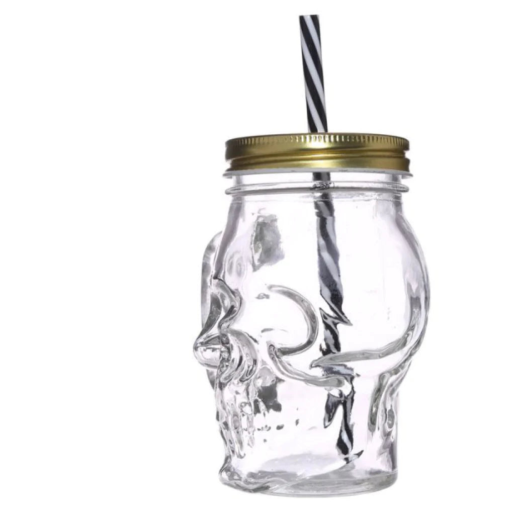 Glass Skull Jar with Metal Lid & Straw