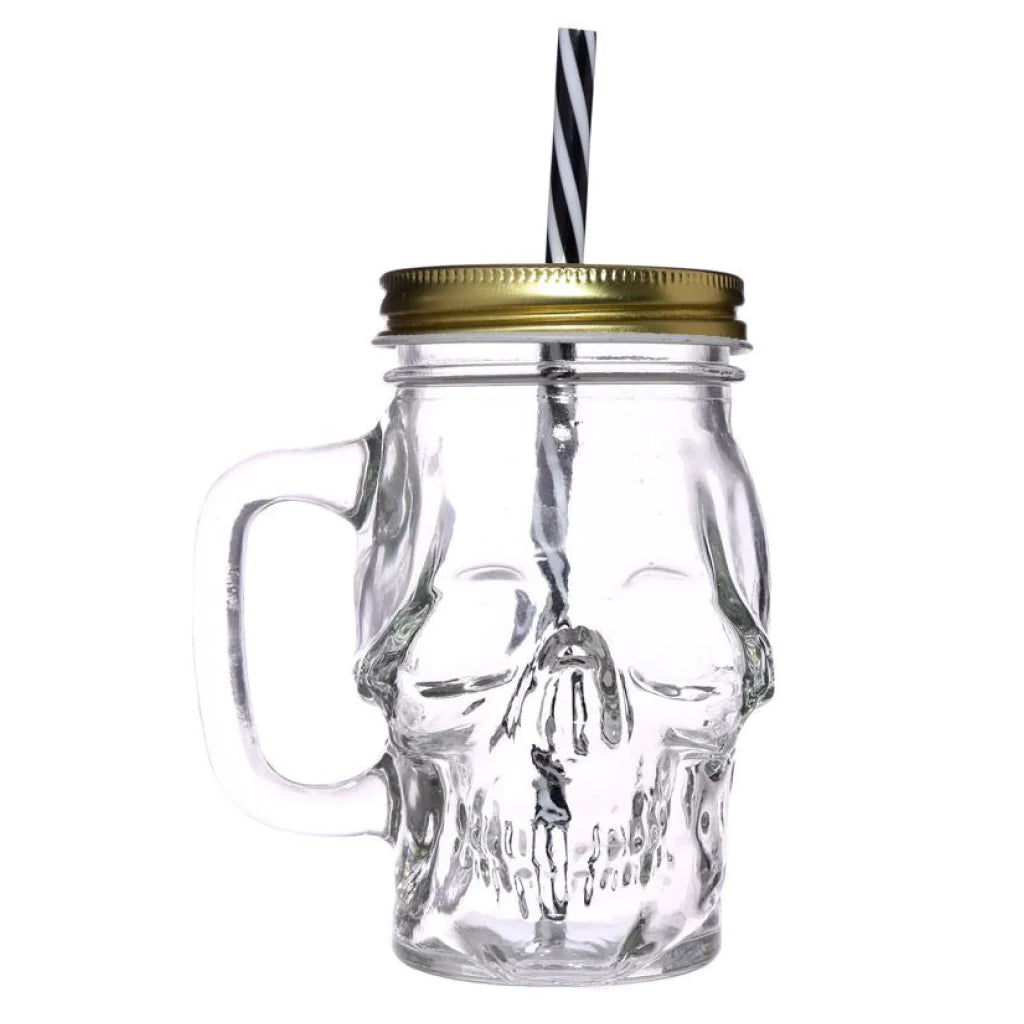 Glass Skull Jar with Metal Lid & Straw